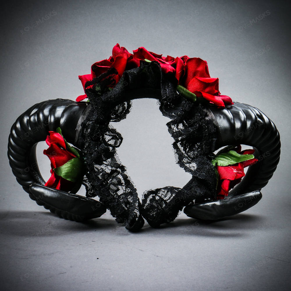 Gothic Demon Horn Red Rose Headband - Black